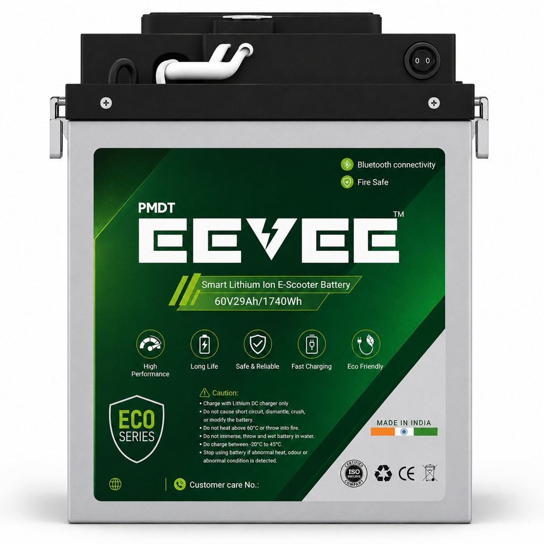 Front view of the EEVEE ECO Series battery showing the product label
